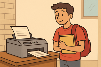 Cartoon of a student standing by a printer, waiting for their document to print.
